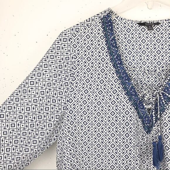 NYDJ Womens Beaded V-Neck Tassel Blouse 3/4 Sleeve Geometric Pattern Blue Small - Picture 6 of 13